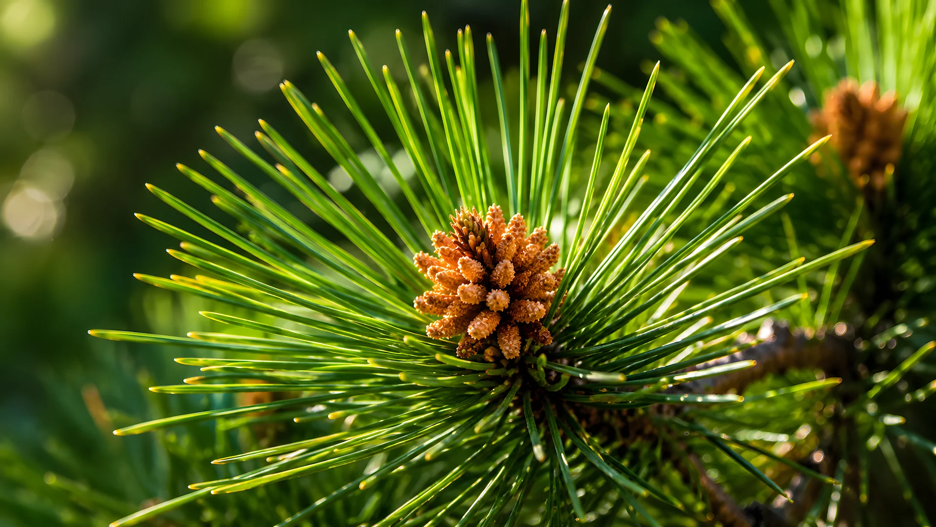 Macro shot of green pine needles and small young pollen cones - Free 4K desktop Wallpaper