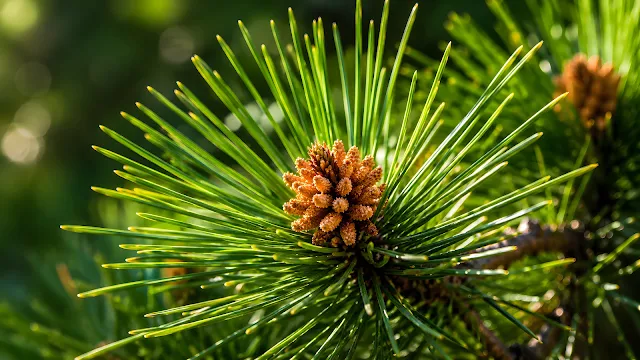 Detailed macro shot of bright green pine needle clusters surrounding small, golden-brown pollen cones on a conifer branch.