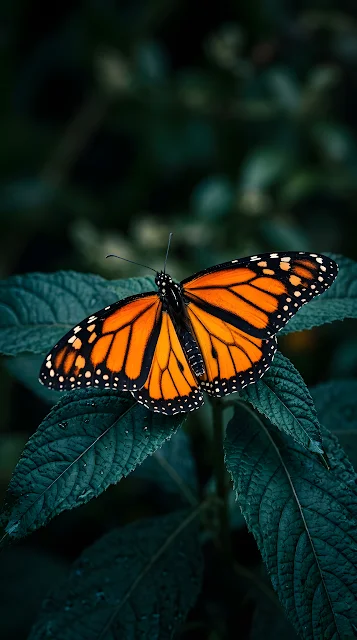 Macro Shot of an Orange Monarch Butterfly on Deep Blue Leaves - Free mobile Wallpaper
