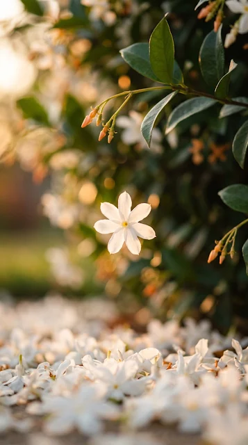 Macro Shot of White Jasmine Flower Falling Over Mossy Ground - Free 4K & 8K mobile Wallpaper
