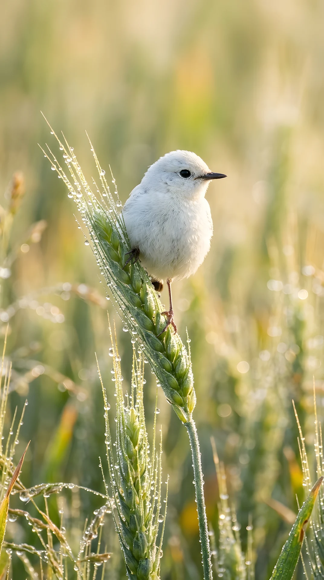 Macro Photo of a Small White Bird Perched on a Green Wheat Stalk with Dew - Free 4K mobile Wallpaper