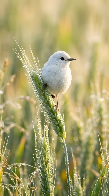 Macro Photo of a Small White Bird Perched on a Green Wheat Stalk with Dew - Free mobile Wallpaper