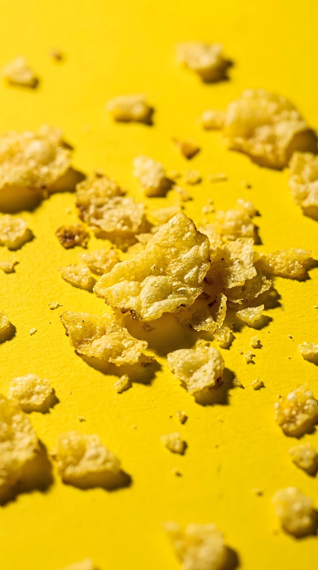 Macro view of broken potato chips and crumbs on a yellow surface - Free 4K mobile Wallpaper