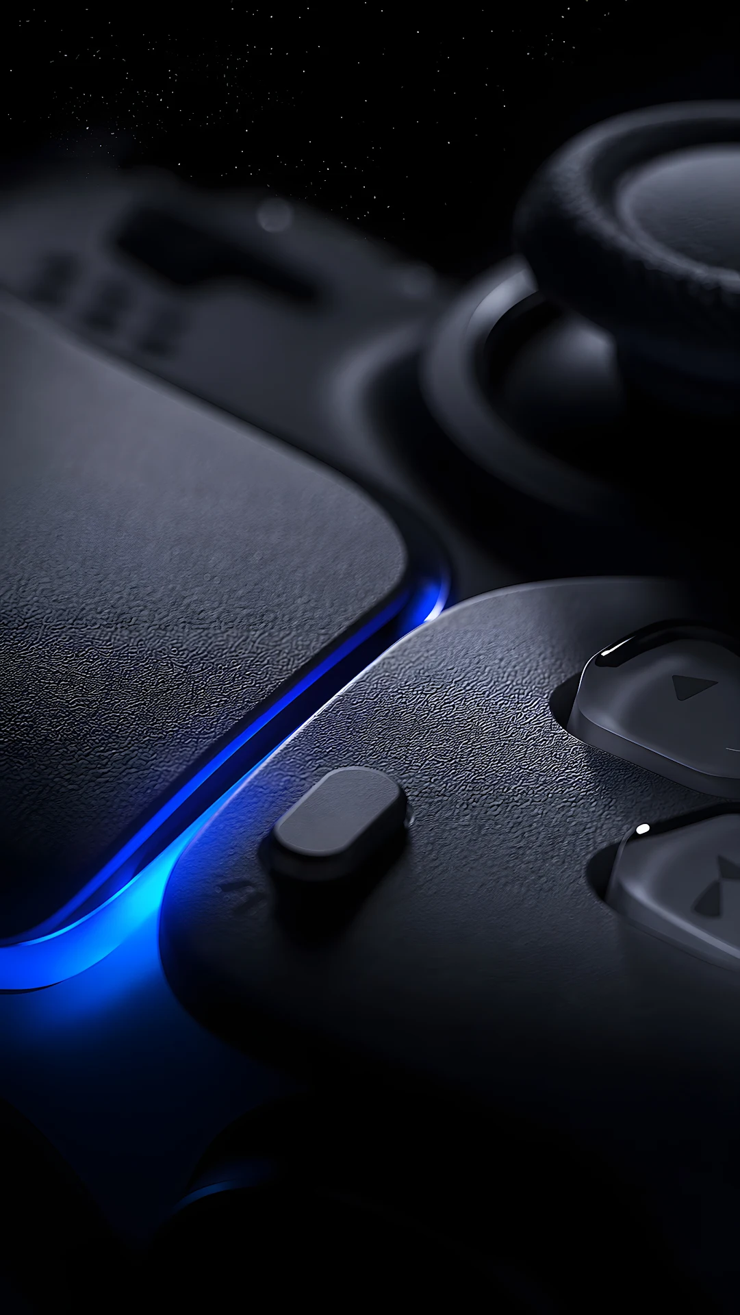 Macro view of matte black gaming controller with glowing blue LED light - Free 4K mobile Wallpaper