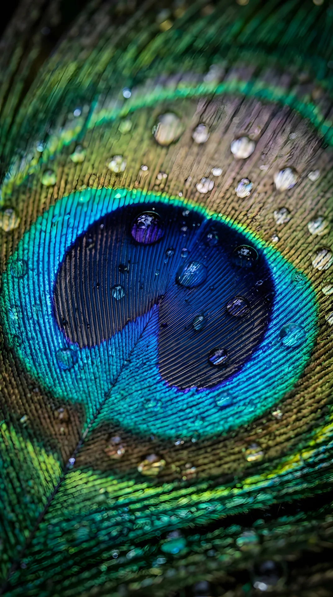 Macro View of a Peacock Feather with Shimmering Water Droplets - Free 4K mobile Wallpaper