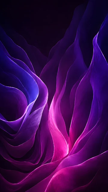 Layered violet and magenta folds flow vertically across a dark abstract background.
