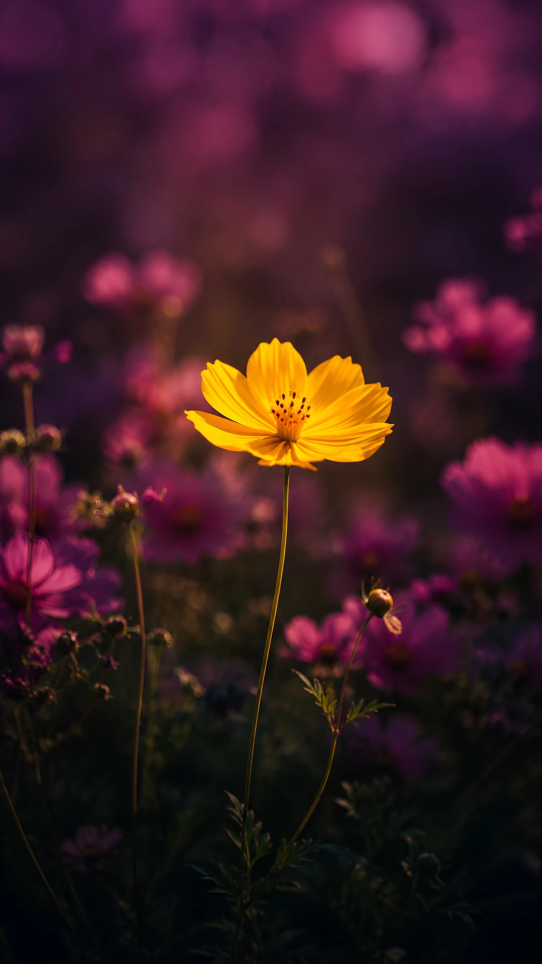 Magenta Wildflowers with Single Yellow Flower Wallpaper - Free 4K mobile Wallpaper