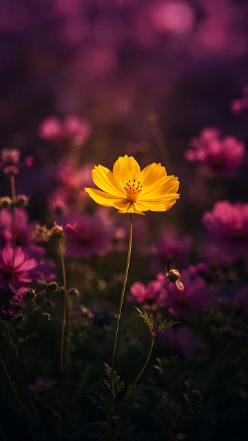 A close-up of a single bright yellow wildflower blooming amongst a field of soft pink-magenta wildflowers.