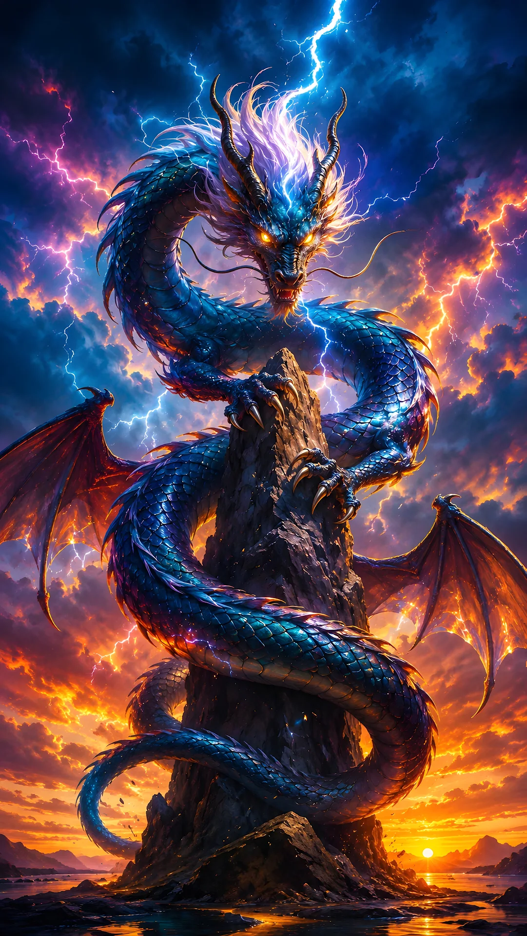 Majestic blue fantasy dragon coiled on a mountain peak during lightning sunset - Free 4K mobile Wallpaper