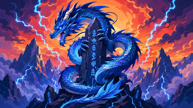 Large blue fantasy dragon with glowing eyes perched on a high rock peak surrounded by lightning bolts and a fiery sunset.