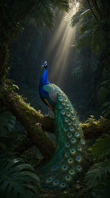 Magnificent blue and emerald peacock perched on a mossy branch with its long tail feathers cascading in a lush sunlit rainforest.