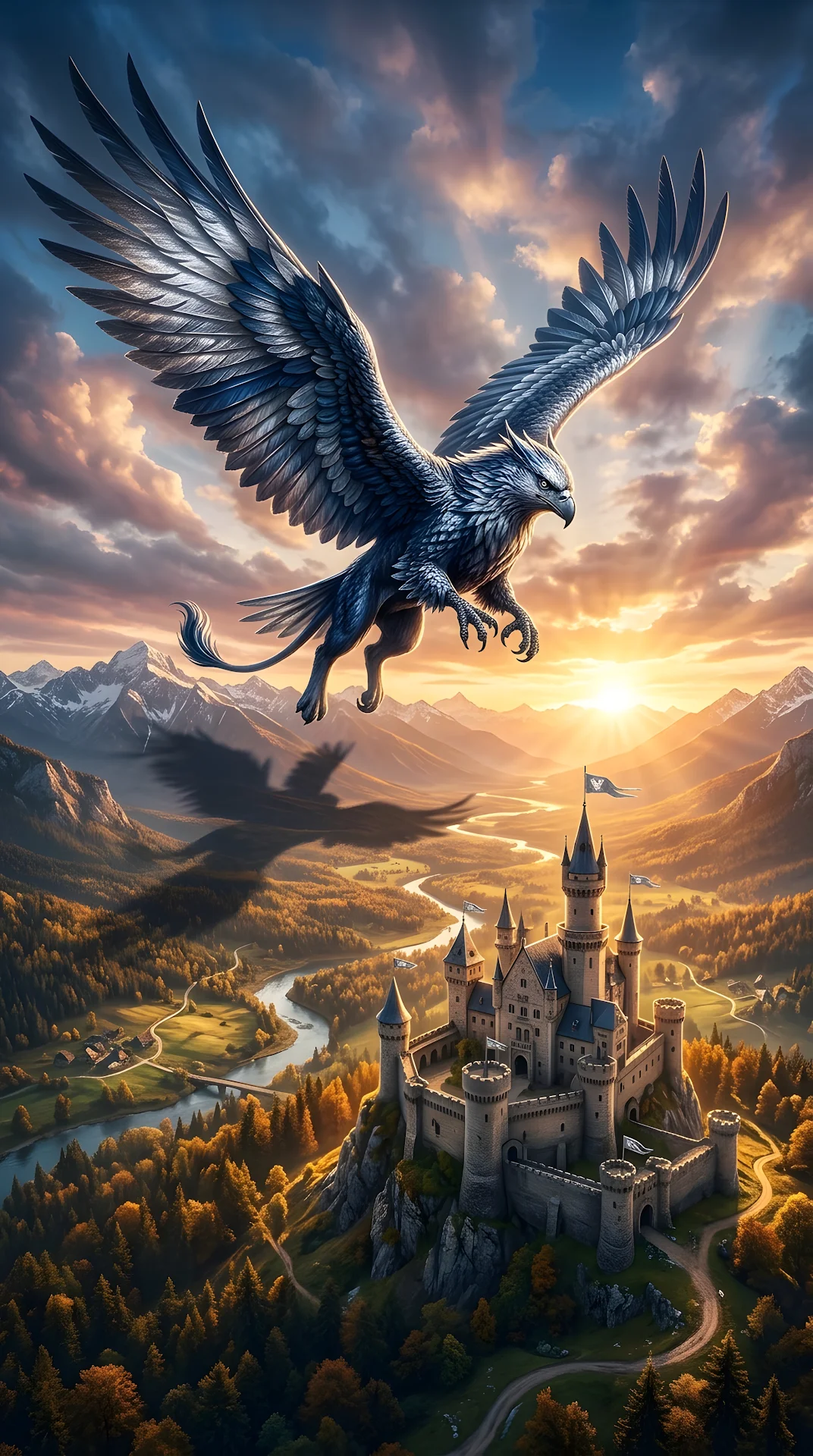 Majestic Griffin Flying Over Medieval Castle - Free 4K mobile Wallpaper