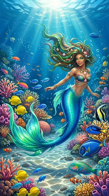 Majestic Mermaid with Shimmering Tail in Vibrant Underwater Coral Reef - Free 4K & 8K mobile Wallpaper