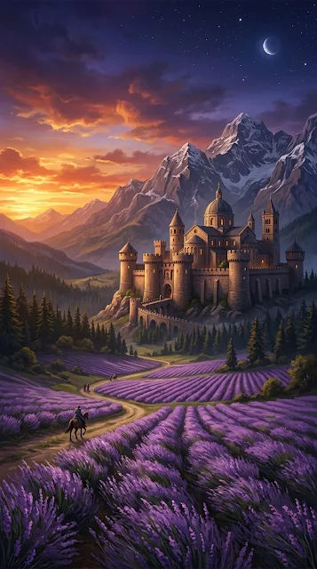 Majestic Mountain Castle Overlooking Lavender Fields - Free 4K & 8K mobile Wallpaper