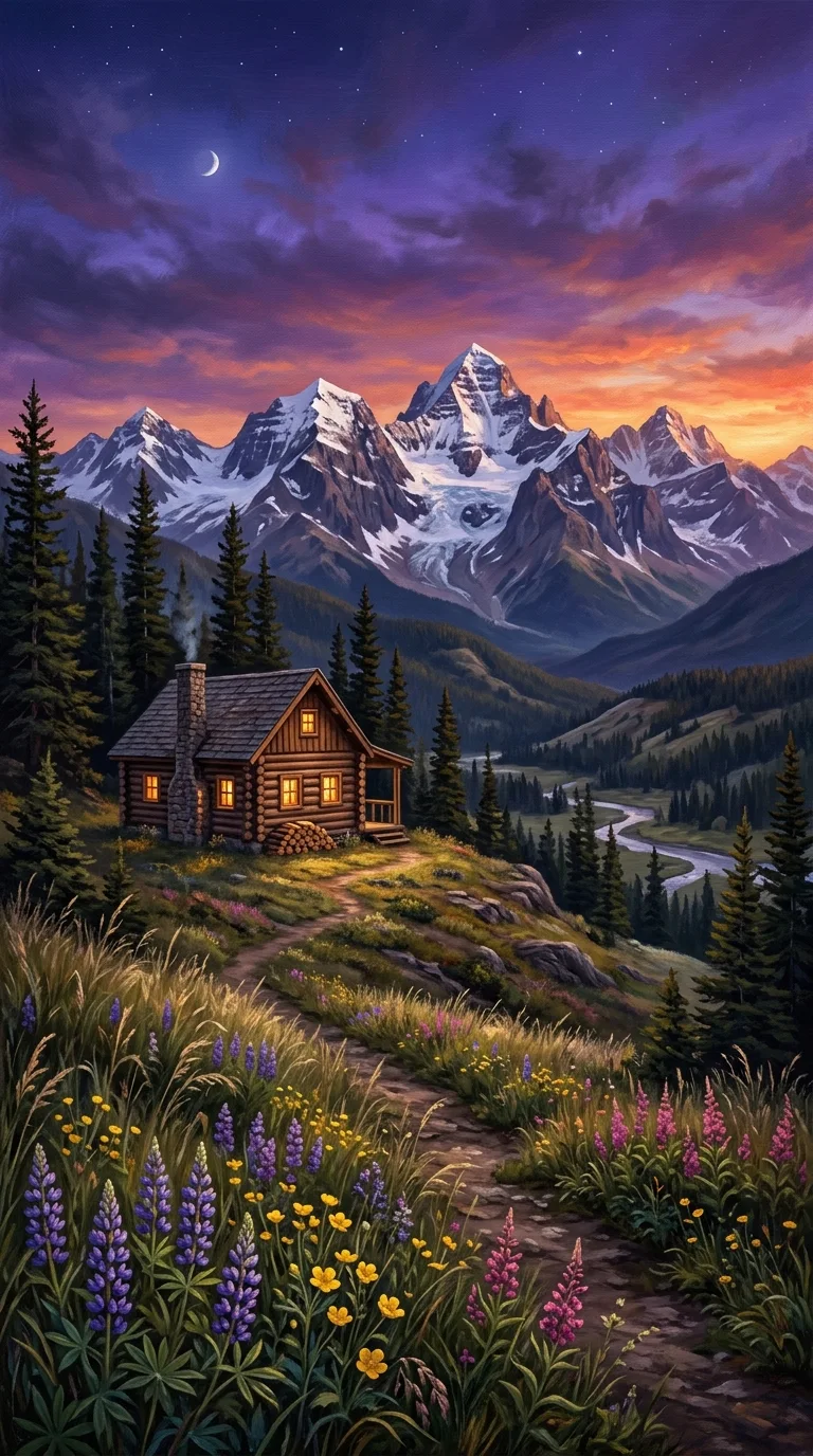Download Majestic Mountain Landscape with Solitary Log Cabin at Twilight Wallpaper in 4K UHD Majestic Mountain Landscape with Solitary Log Cabin at Twilight - Free 8K and 4K mobile Wallpaper Background