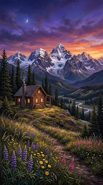 Majestic Mountain Landscape with Solitary Log Cabin at Twilight - Free 4K & 8K mobile Wallpaper