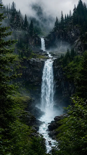 A towering multi-tiered waterfall flows through a green, pine-forested rocky mountain canyon shrouded in mist and low clouds.