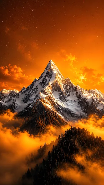 A sharp snow-covered mountain peak pierces through golden fog and clouds under an orange sunset sky.