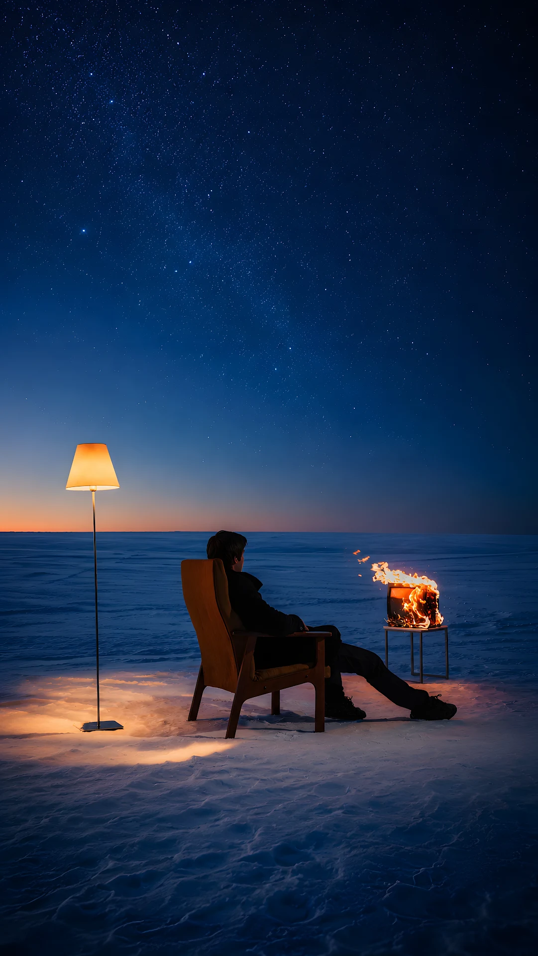 Man sitting on armchair in snowy field watching a burning television under starry night sky - Free 4K mobile Wallpaper