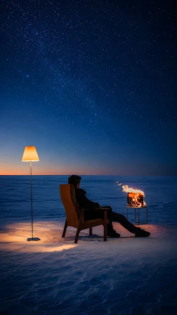 A person sitting in a chair in a dark snowfield illuminated by a floor lamp and a small burning television set under stars.