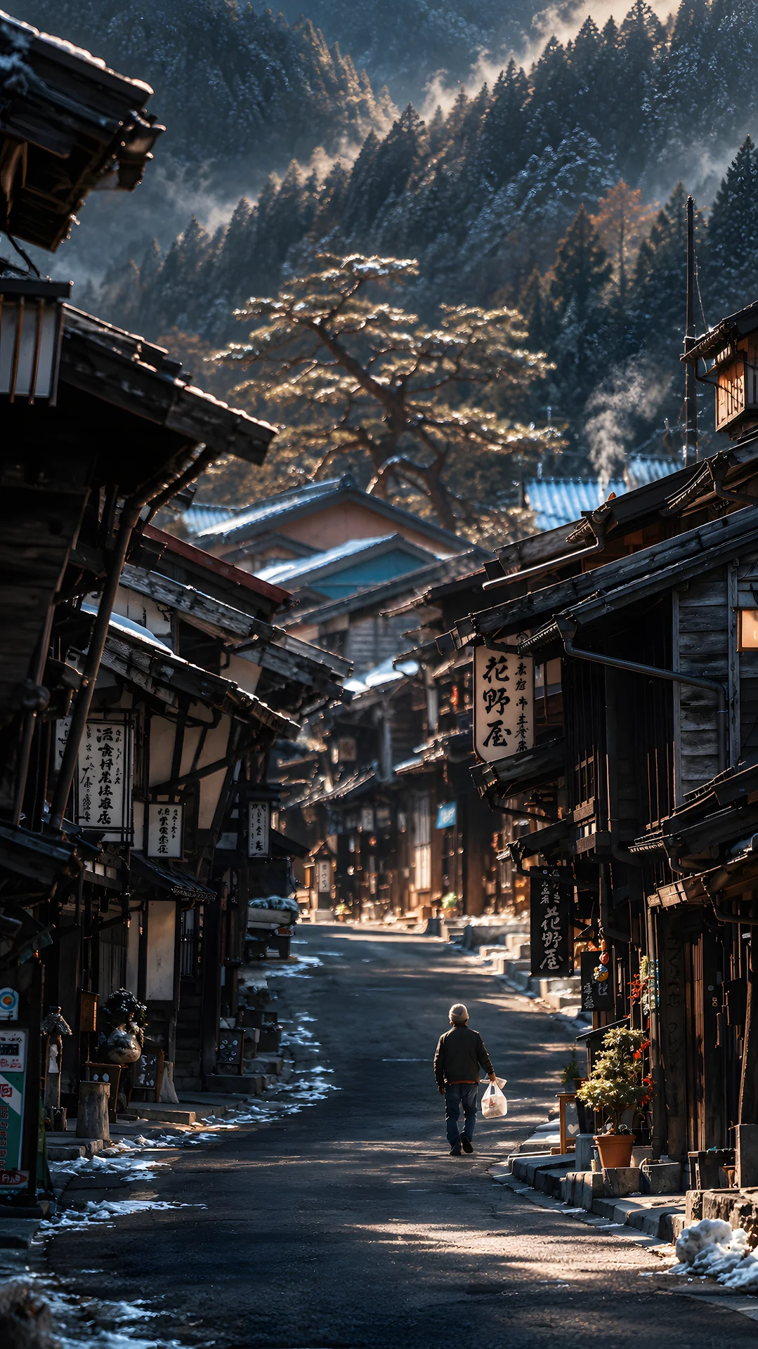 Man strolling down a frosty street in a Japanese mountain village - Free 4K mobile Wallpaper