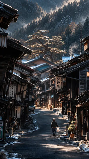 A man walks down a shadowy street in a mountain village with patches of snow on rooftops and traditional wooden buildings.