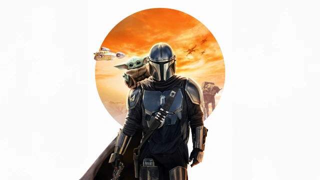 The Mandalorian in silver armor with Grogu on his shoulder in front of a circular orange sunset with starships.