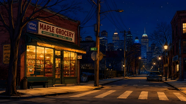 Illustrated corner grocery store lit up at night with an empty street leading toward glowing city skyscrapers.