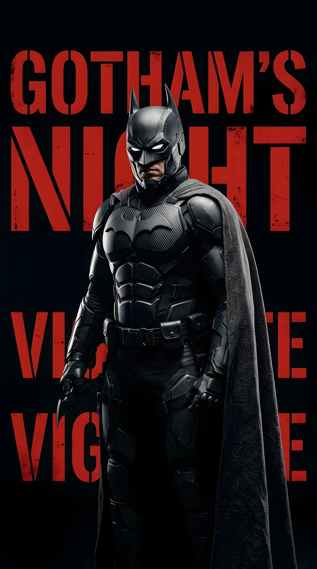 Masked hero in dark armor against red bold text - Free 4K mobile Wallpaper