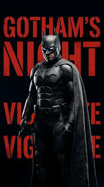 A close-up shot of a dark masked hero in high-tech carbon fiber armor standing in front of large, bold red typography on a pitch-black background.