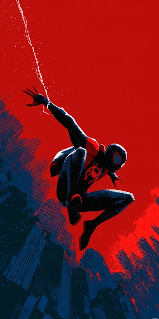 Dynamic stylized illustration of a masked superhero swinging on a web against a stark red and black city background.