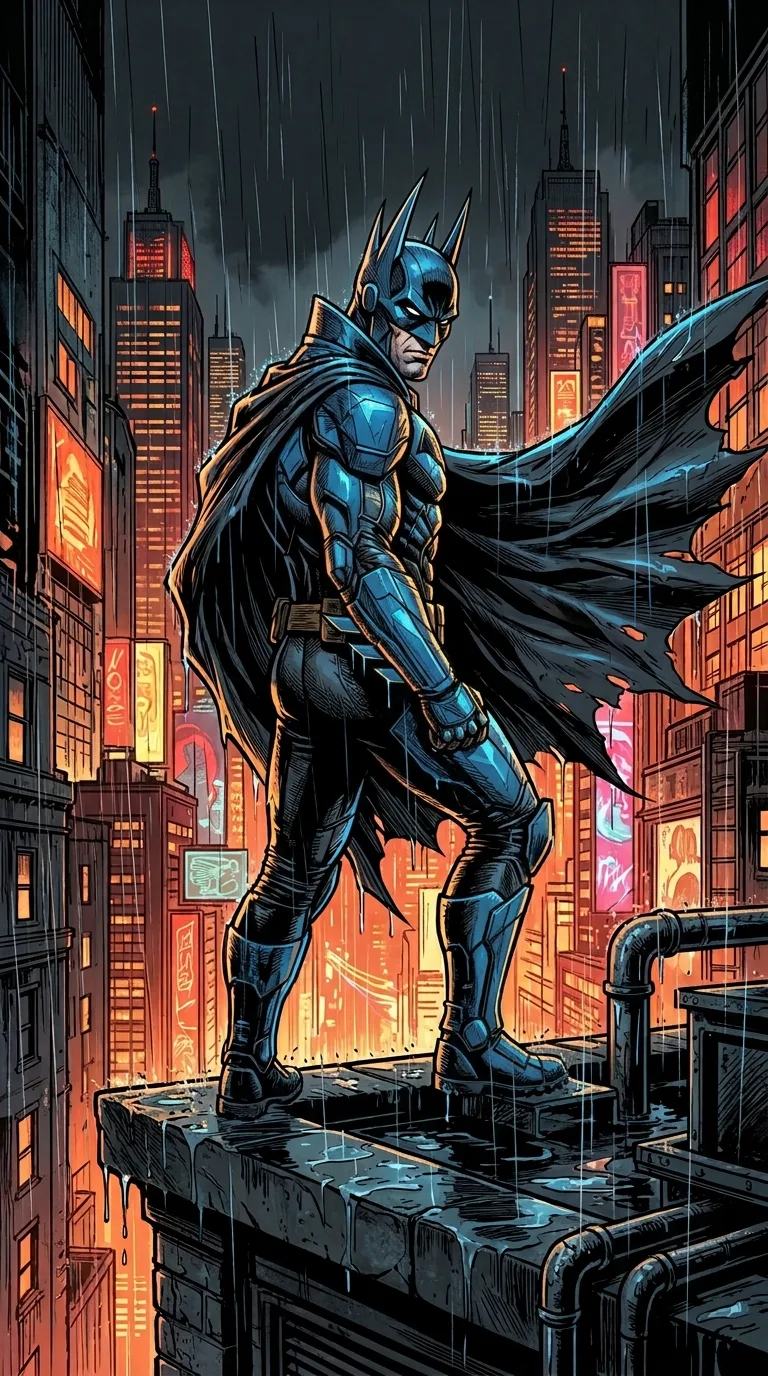 Masked Vigilante Comic Art City Skyline Illustration - Free 8K and 4K mobile Wallpaper Background