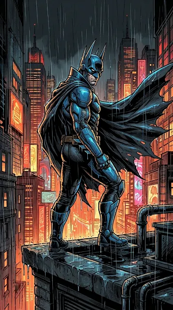 Masked Vigilante Comic Art City Skyline Illustration - Free 4K & 8K mobile Wallpaper