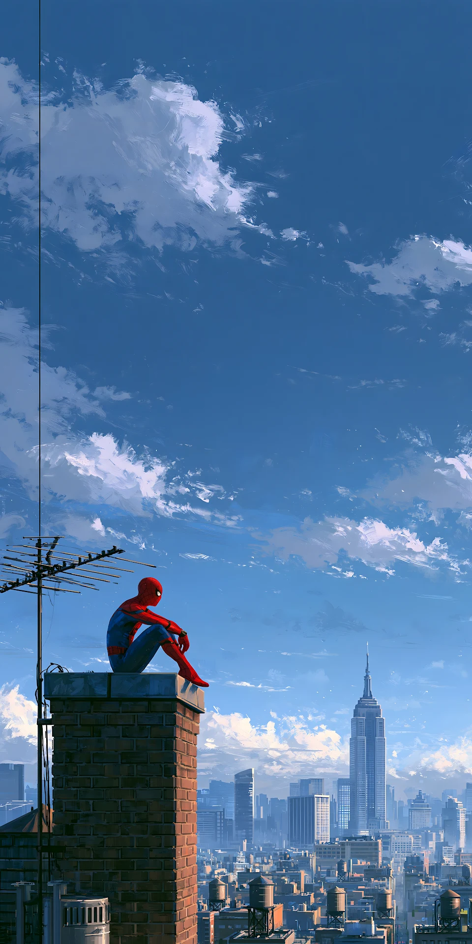 Masked vigilante sitting on a chimney top above metropolis skyline - Free 4K mobile Wallpaper