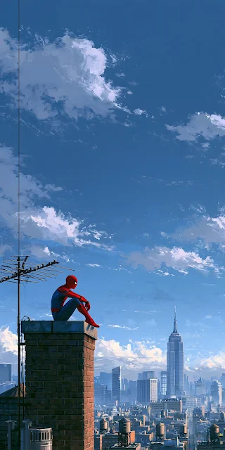 A masked hero in a red and blue suit sits on a brick chimney looking over a city skyline under a blue sky.