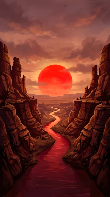 Massive Red Sun over Dark Rocky Canyon and River - Free mobile Wallpaper