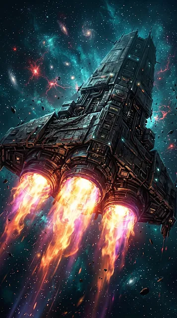 Massive Spaceship Propelling Through Cosmic Nebula with Red Glow - Free 4K & 8K mobile Wallpaper