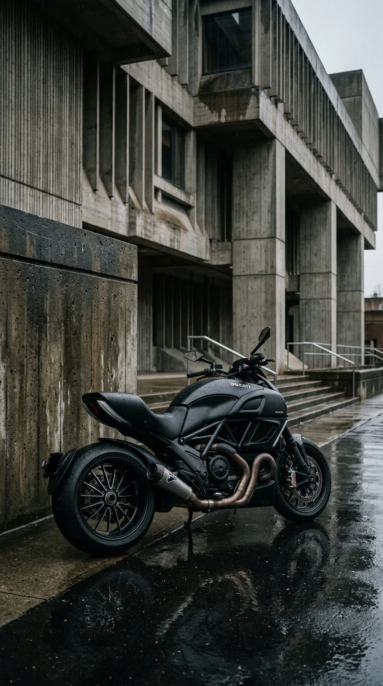 Download Matte Black Motorcycle and Brutalist Architecture Wallpaper Wallpaper in 4K UHD Matte Black Motorcycle and Brutalist Architecture Wallpaper - Free 8K and 4K mobile Wallpaper Background