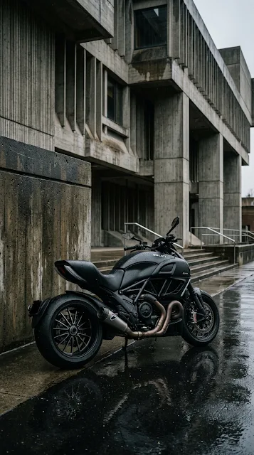 Matte Black Motorcycle and Brutalist Architecture Wallpaper - Free 4K & 8K mobile Wallpaper