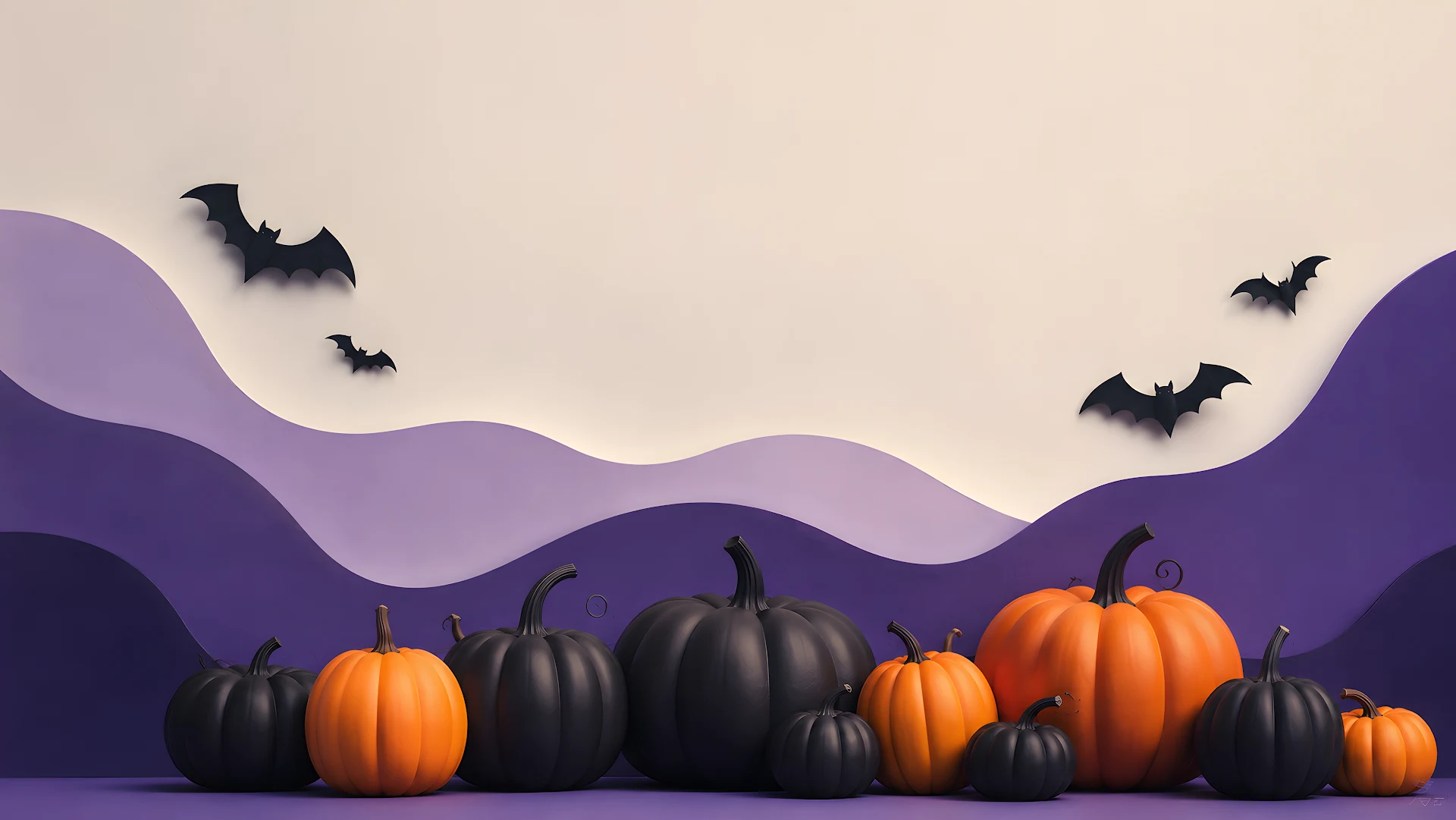 Matte black and orange pumpkins with silhouette paper bats on layered backdrop - Free 4K desktop Wallpaper