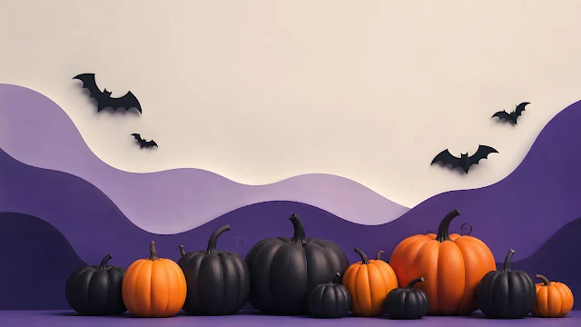 Matte black and orange pumpkins resting on a surface below flying black bat silhouettes on a layered wavy background.