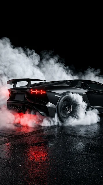 Matte Black Sports Car with Red Taillights in Smoke - Free 4K & 8K mobile Wallpaper