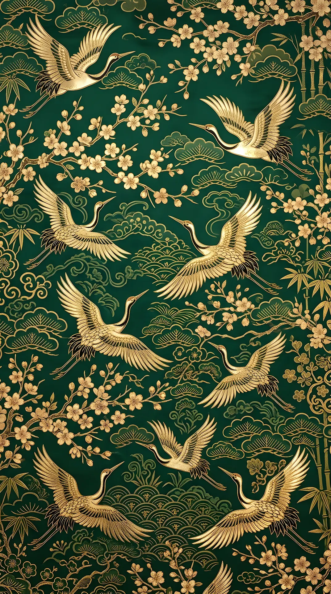 Maximalist Emerald Gold Chinoiserie Crane Floral Background - Free 4K mobile Wallpaper