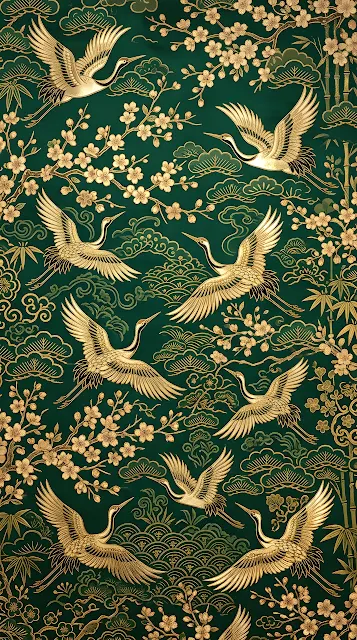 Maximalist Emerald Gold Chinoiserie Crane Floral Background - Free mobile Wallpaper