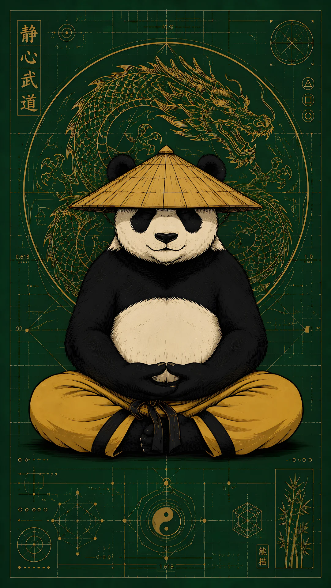 Meditating cartoon panda wearing a bamboo hat on green blueprint background - Free 4K mobile Wallpaper