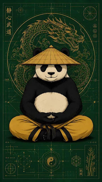A stylized cartoon panda sitting in a lotus position wearing a conical straw hat, set against a dark green technical blueprint with a gold dragon circle.