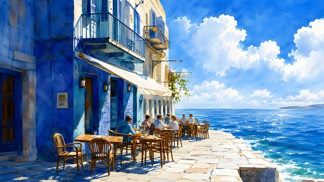 Watercolor painting of people dining at outdoor tables beside a blue building along the seaside.