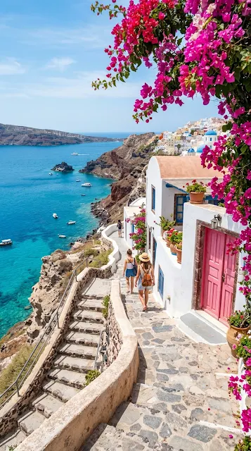 Mediterranean Coastal Path with Pink Bougainvillea and Turquoise Sea - Free 4K & 8K mobile Wallpaper