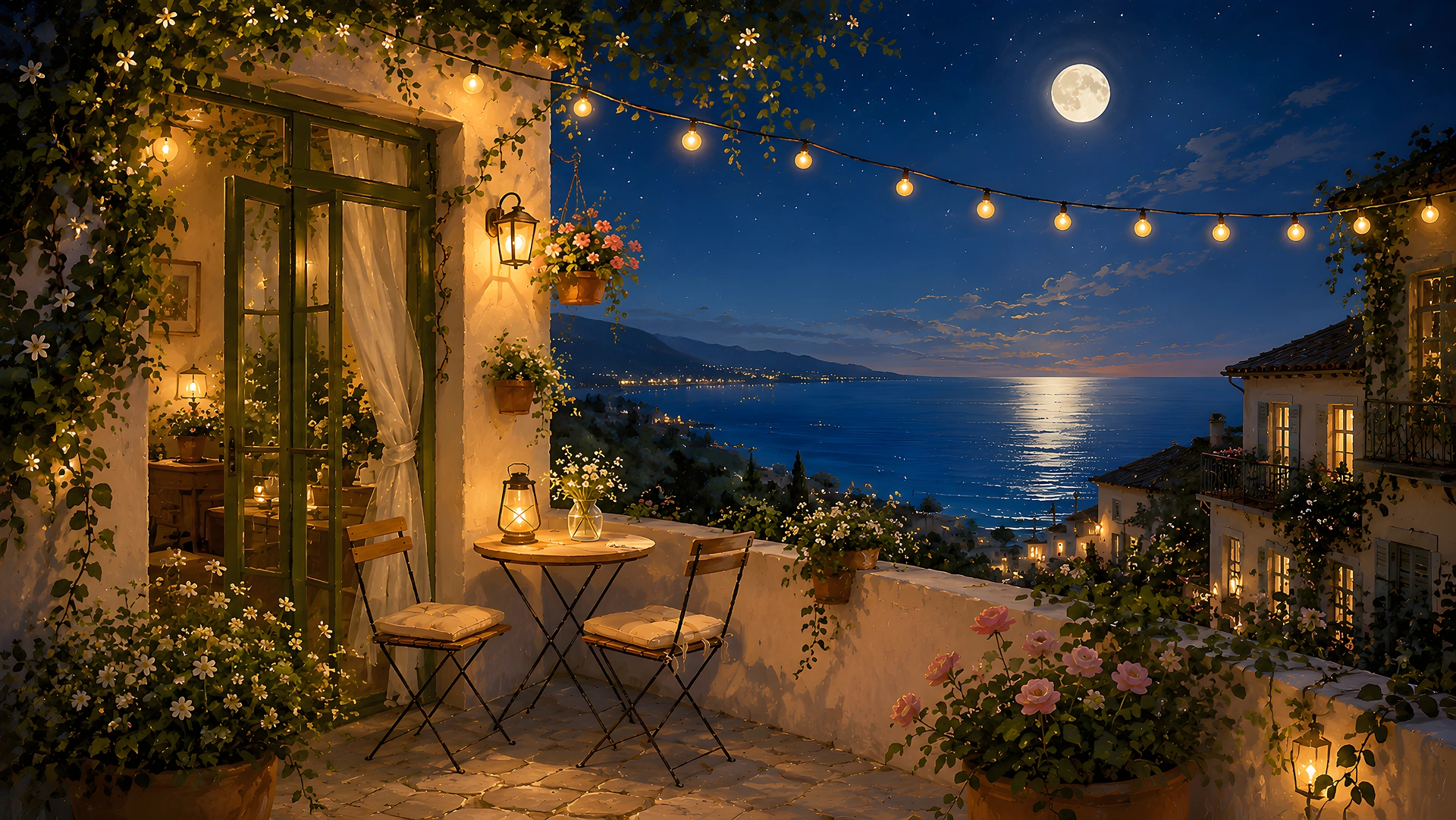 Mediterranean Balcony Full Moon Night 4K - Free 4K desktop Wallpaper
