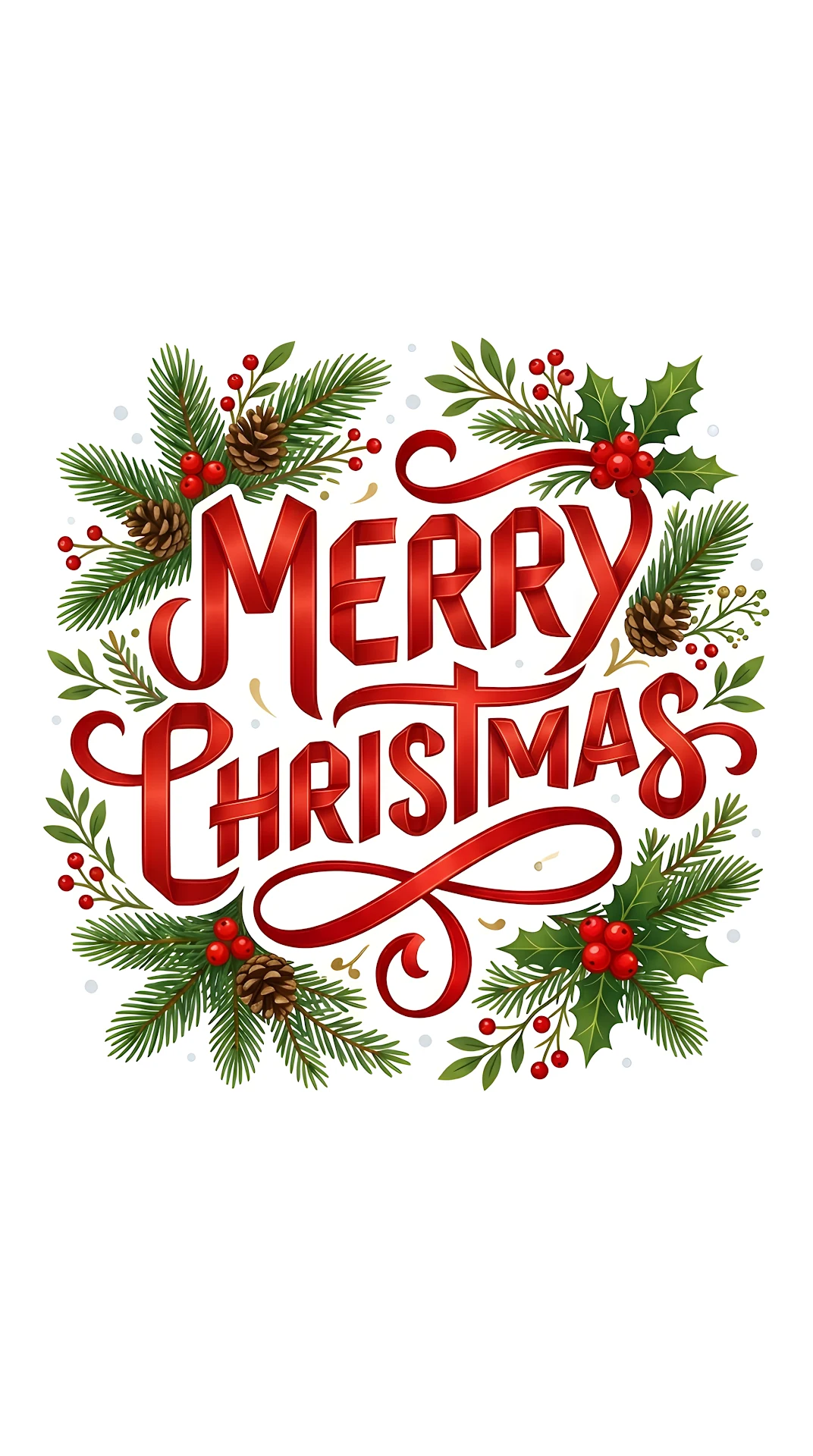 Merry Christmas Typography In Red Ribbon With Pine Sprigs - Free 4K mobile Wallpaper